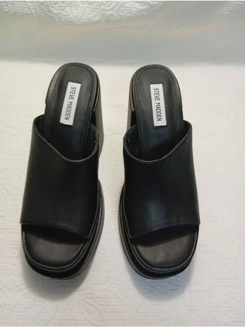 Steve Madden Womens Black Chunky Platform Open-Toe Leather Mules Size 9.5M